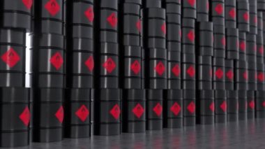 Warehouse with black oil barrels. Combustible flammable materials. Life threatening. Toxicity. 3d animation of seamless loop. High quality 4k footage