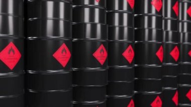 Warehouse with black oil barrels. Combustible flammable materials. Life threatening. Toxicity. 3d animation of seamless loop. High quality 4k footage