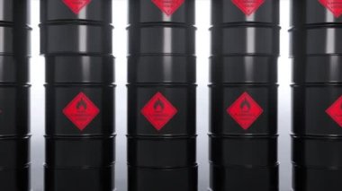 Black barrels with oil and combustibles. Flammable toxic waste. Pollution. 3d animation of seamless loop. High quality 4k footage