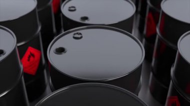 Black barrels with oil top view. The concept of oil. The embargo. An environmental disaster. 3d animation . High quality 4k footage