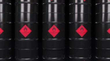 Black barrels with oil and combustibles. Flammable toxic waste. Pollution. 3d animation of seamless loop. High quality 4k footage