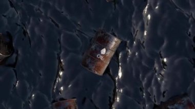 Top view of iron barrels floating in the oil sea. Toxic materials. Environmental pollution. 3d animation. High quality 4k footage