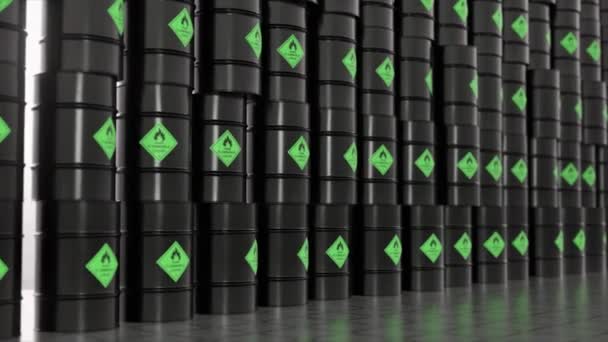 Rows Black Metal Barrels Biological Waste Warehouse Toxic Materials Animation — Video Stock