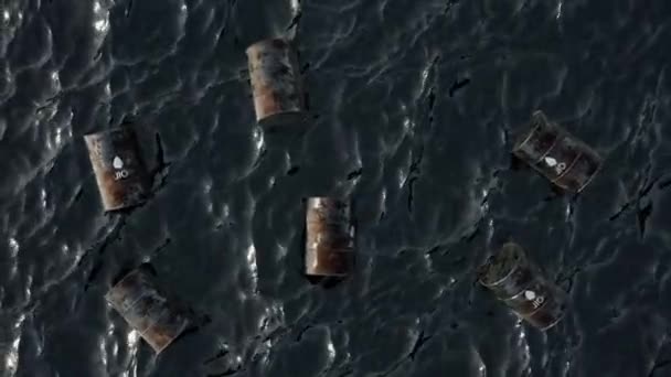 Oil Spill Oil Concept Empty Oil Barrels Surface Oil Sea — Stock video