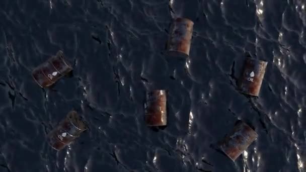 Oil Spill Oil Concept Empty Oil Barrels Surface Oil Sea — 图库视频影像