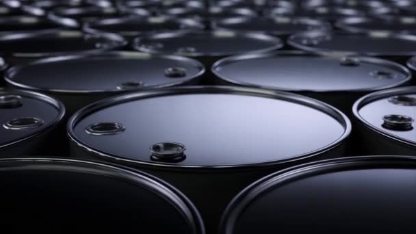 Black Barrels Oil Top View Concept Oil Embargo Environmental Disaster — Vídeos de Stock