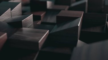 Abstract concept. Rectangular figures made of smooth dark wood of different heights are arranged in a random order. High quality 3d illustration