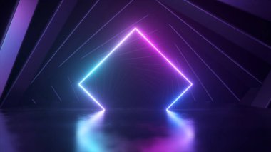 Blue neon rhombus on a smooth surface. Reflection. Tunnel. Large rhombuses revolve. 3d illustration. High quality 3d illustration