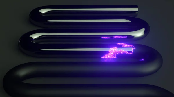 Purple Neon Particles Move Black Glossy Tube Chemical Reaction Change — Fotografia de Stock