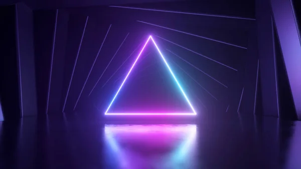 The entrance to the tunnel is in the form of a neon triangle. Square frames rotate. Futuristic background. . High quality 3d illustration