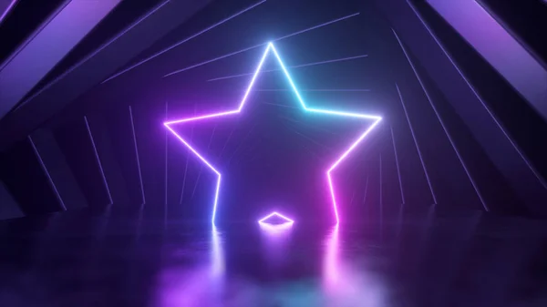 Neon figure of a star on the stage. Dark blue square frames rotate in the background to form a tunnel. High quality 3d illustration
