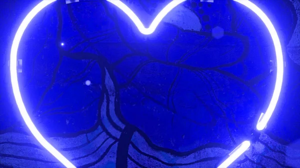Blue neon heart flashes with neon light on the wall. Flower drawing on the wall. Valentine's Day. 3d illustration. High quality 3d illustration