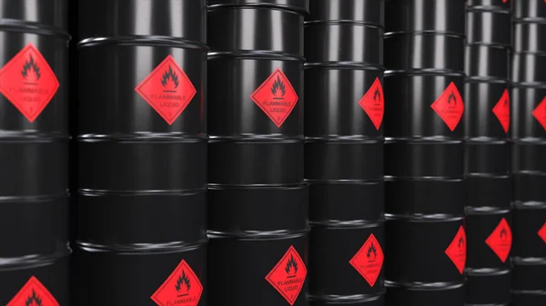 Rows of black metal barrels with oil. Warehouse of toxic materials. Life threatening. Life threatening. 3d illustration. High quality 3d illustration