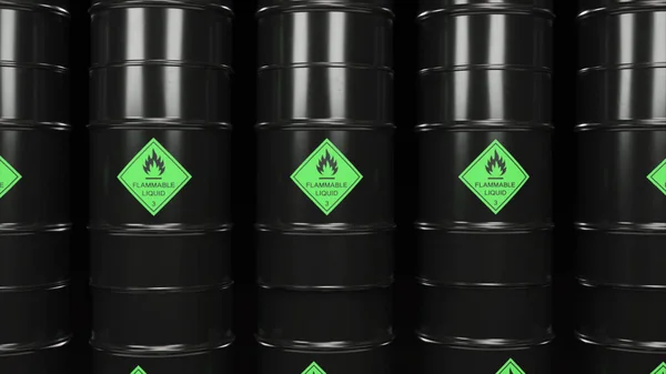 Barrels with biological toxic substances stand next to each other. Warehouse of dangerous combustible materials. High quality 3d illustration