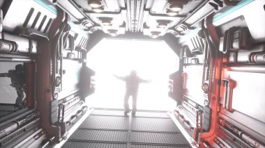 Astronaut escape on a spaceship. Gate opening and bright light. Fantastic space concept. 3d illustration. High quality 3d illustration
