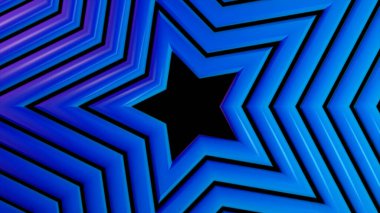 Smooth rotation of the background of star shapes on isolated black background. Blue color. 3d illustration. High quality 3d illustration
