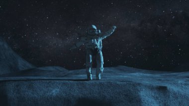 An astronaut in a spacesuit stands on the surface of the planet against the backdrop of space. Starry night sky. High quality 3d illustration