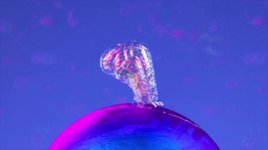 The crystal brain crumbles and spreads over the spinning ball. Blue pink neon color. Liquid diamond. 3d animation of seamless loop. High quality 4k footage