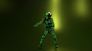 Dans konsepti. Büyük aynalı kasklı bir astronot bir gece kulübünde dans ediyor. Neon ışığı. Hip-hop. Disko. Kusursuz döngünün 3 boyutlu animasyonu. Yüksek kalite 4k görüntü
