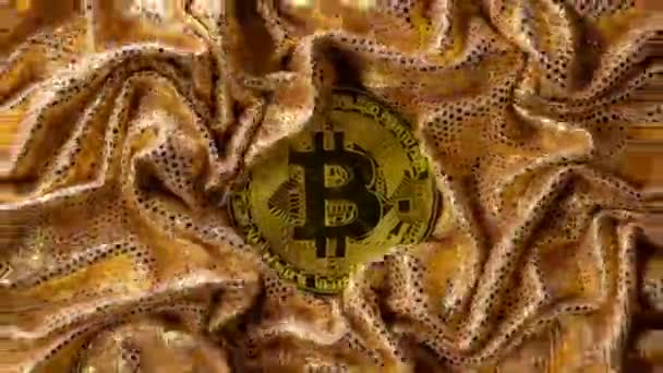 Cryptocurrency Concept Golden Bitcoin Surrounded Shiny Gold Textile Creases Fabric — Stockvideo