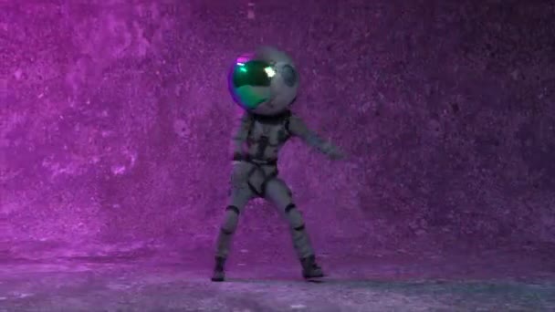 一位穿着宇航服的宇航员正在墙后跳舞 身上闪烁着霓虹灯 夜总会 3D动画无缝循环 高质量的4K镜头 — 图库视频影像