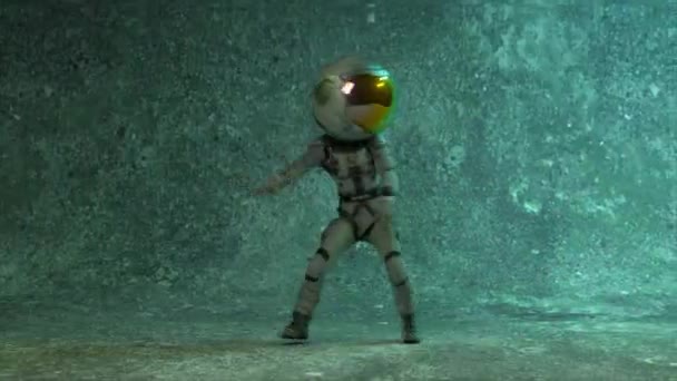 Dancing Astronaut Large Helmet His Head Green Blue Neon Light — Stok video