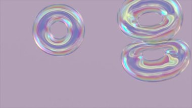  Transparent inflatable rings fly, repel and gather together. Bubble rainbow. Ease. Pearl. 3d animation. High quality 4k footage