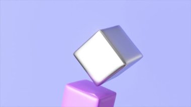 Soyut kavram. Küçük küp yastıklar merkeze akın eder ve birbirlerine yapışırlar. Geometrik şekiller. Mavi, pembe, mor, metalik renk. 3D animasyon. Yüksek kalite 4k görüntü