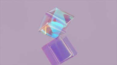 Transparent soft rainbow cubes flock to the center and stick to each other. Bubble. Geometric figures. 3d animation. High quality 4k footage