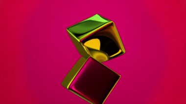  Soft elastic cubes of gold metallic color. Collide and merge into many cubes. Rainbow mirror color. 3d animation. High quality 4k footage