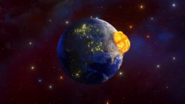Hot liquid lava engulfs the planet. Fireball on the background of space. Science fiction. Gas giant. 3d animation. High quality 4k footage