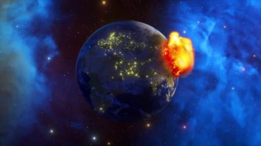 The big bang burns the planet leaving a large lava ball. Space on the background. Red orange fire. Smoke. 3d animation. High quality 4k footage