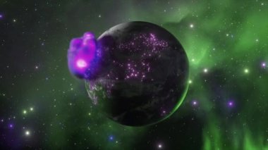 Purple neon fire destroys the planet leaving a large hot ball of lava. Space. Green glow. Abstract concept. High quality 4k footage