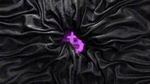 Cryptocurrency Concept Satin Black Fabric Crinkles Violet Bitcoin Silk Creases — Stock Video