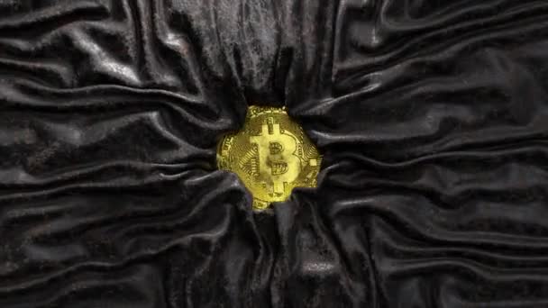 Satin Black Gold Fabric Crinkles Bitcoin Cryptocurrency Concept Silk Creases — Stock Video