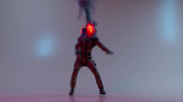 宇宙飛行士は宇宙服と燃えるヘルメットで踊ります 赤いオレンジの火 ピンクの光を点滅 シームレスループの3Dアニメーション 高品質4K映像 — ストック動画