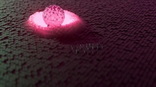 小さな磁気の正方形で構成されたダイナミックな表面に クリスタルピンクのネオン球が転がっています 球面に描く 高品質4K映像 — ストック動画