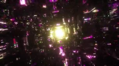 Flight through a dark tunnel with pink neon lights. Bright yellow light at the end of the tunnel. Flight to the sun. 3d animation. High quality 4k footage