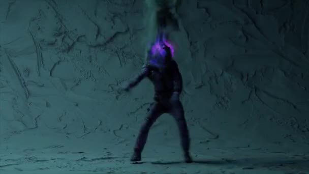 Astronaut Burning Head Dances Modern Dancing Front Blue Illuminated Lights — Vídeos de Stock