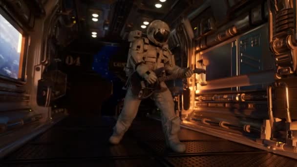 Ruimteconcept Een Astronaut Een Ruimteschip Speelt Gitaar Tegen Achtergrond Van — Stockvideo