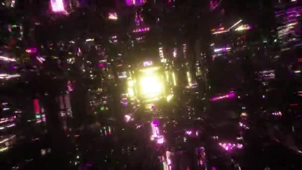 Flug Durch Einen Dunklen Tunnel Mit Rosa Neonlichtern Leuchtend Gelbes — Stockvideo