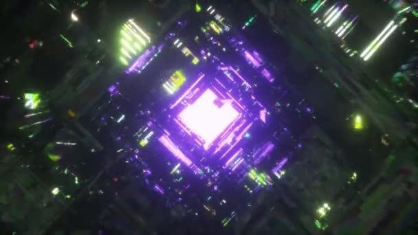 Лети Через Тёмный Туннель Фиолетовому Неоновому Свету Лазерное Свечение Неоновая — стоковое видео