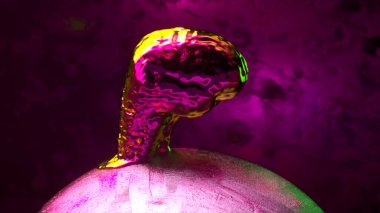 The metallic brain becomes liquid and spreads over a metallic rotating sphere. Pink yellow neon color. High quality 3d illustration