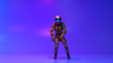 An astronaut in a space suit is dancing on a bright blue background. Abstract background. 3d illustration. High quality 3d illustration