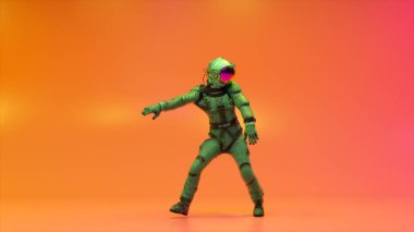 An astronaut in a space suit is dancing on a bright orange pink background. Abstract background. 3d illustration. High quality 3d illustration