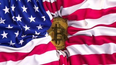 Cryptocurrency concept. The American flag shrinks around a bitcoin. Creases in fabric. USA. 3d illustration. High quality 3d illustration