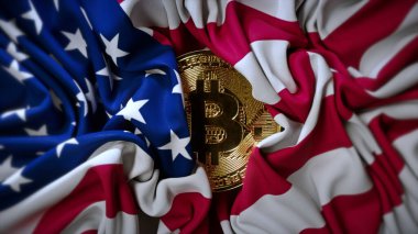 The American flag is unfurled and Bitcoin opens. Gold coin. Cryptocurrency. Mining. Wrinkled fabric. . High quality 3d illustration