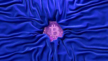 Satin blue fabric crinkles around the gold bitcoin. Cryptocurrency concept. Silk. Creases in fabric. Drapery. High quality 3d illustration