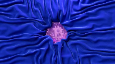 Satin blue fabric crinkles around the gold bitcoin. Cryptocurrency concept. Silk. Creases in fabric. Drapery. High quality 3d illustration clipart