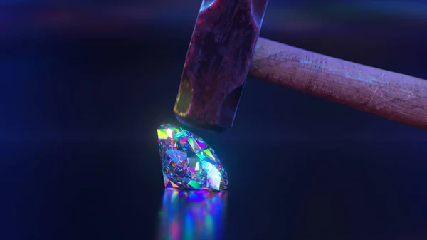 Abstract concept. The hammer spreads after hitting a large diamond. liquid form. Sparkling diamond. Blue neon color. High quality 3d illustration